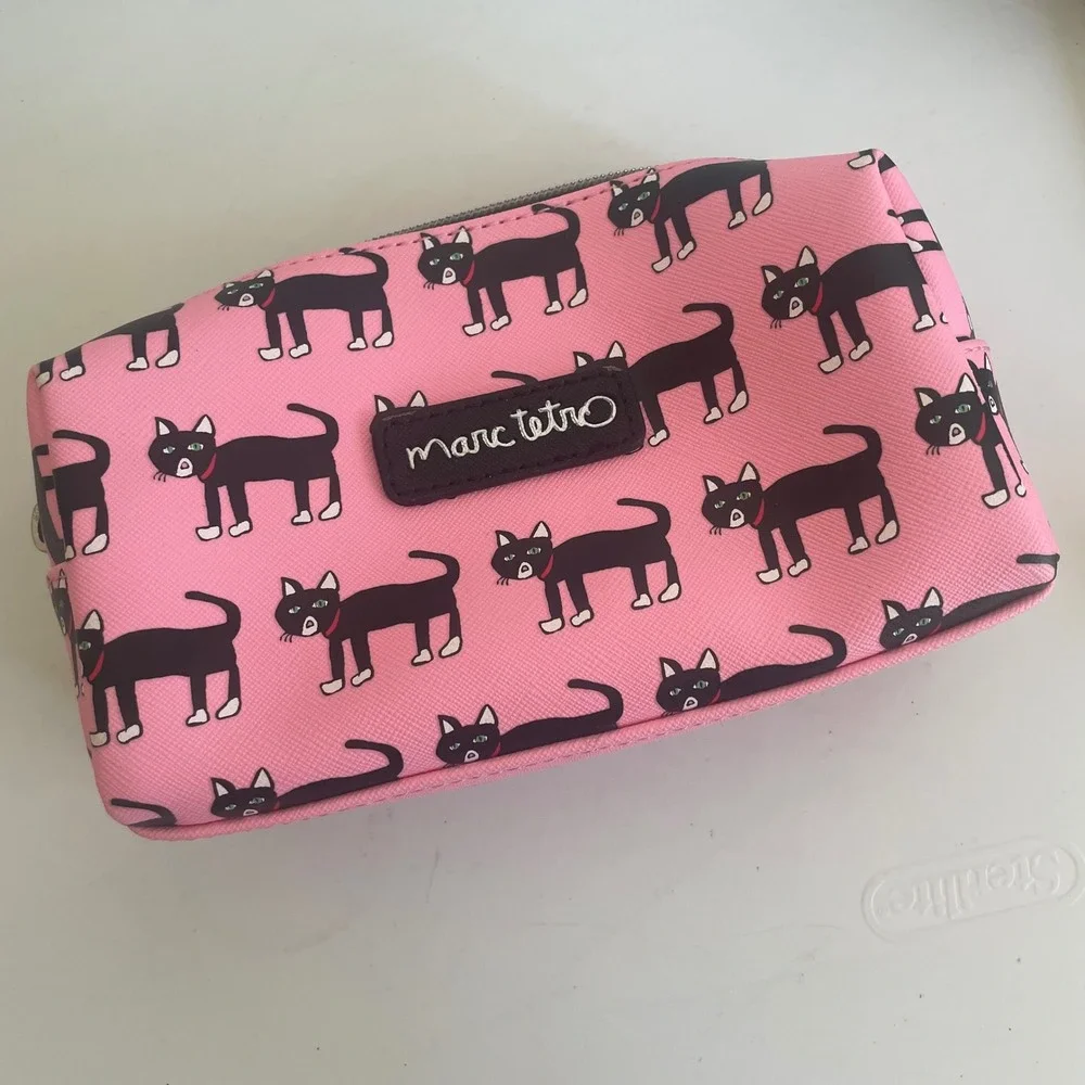Marc Tetro Black Cat‎ Zip Cosmetic Bag Pouch Pink All Over vegan leather